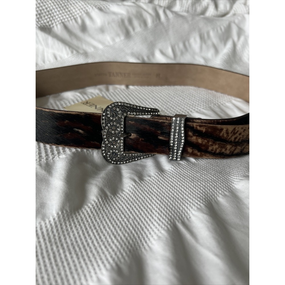 Tanner Western Rodeo Rhinestone Buckle Calf Hair Leather Belt Size M 90s Italy